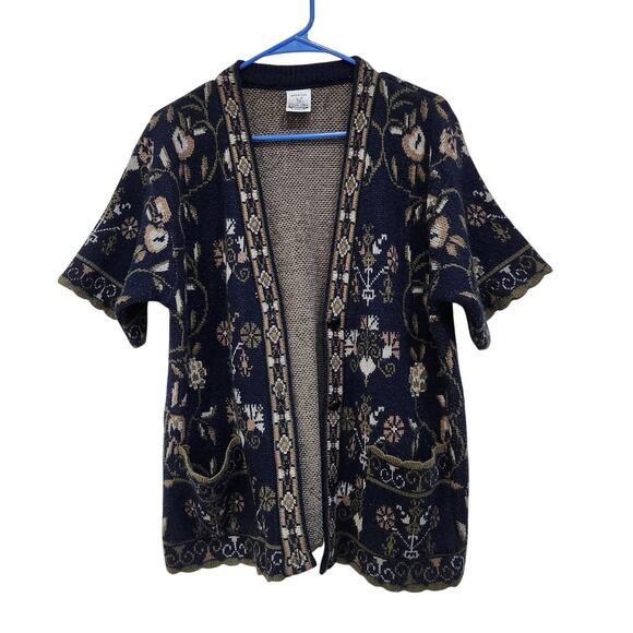 Dom Her Short Sleeve Open Front Floral Boho Knit Cardigan W/ Pockets Blue Size L - Picture 1 of 8